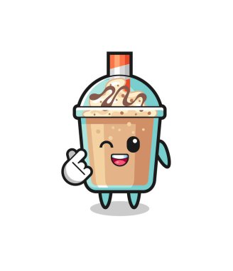milkshake character doing Korean finger heart , cute design