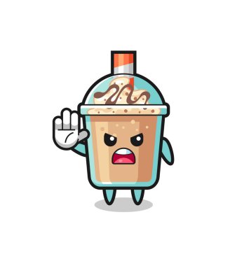 milkshake character doing stop gesture , cute design
