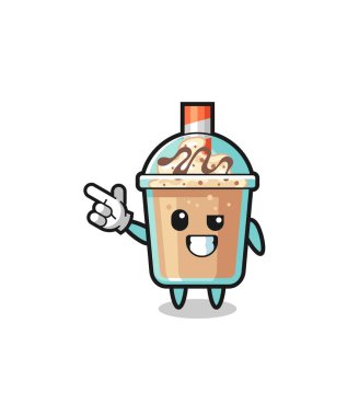 milkshake mascot pointing top left , cute design