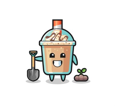 cute milkshake cartoon is planting a tree seed , cute design