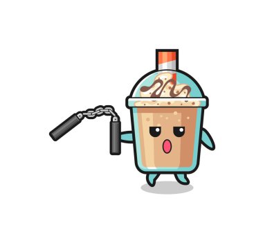 cartoon of milkshake using nunchaku , cute design