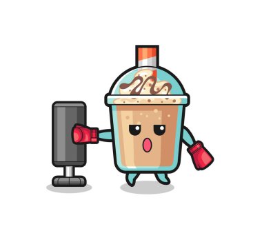 milkshake boxer cartoon doing training with punching bag , cute design