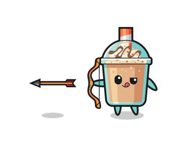 illustration of milkshake character doing archery , cute design
