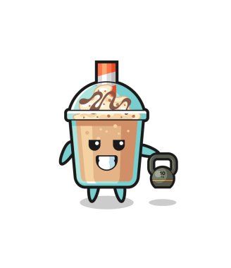 milkshake mascot lifting kettlebell in the gym , cute design