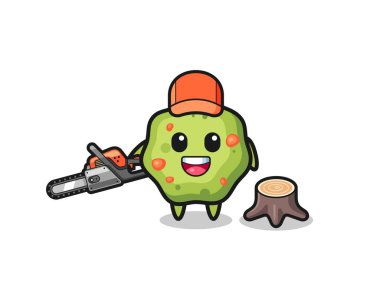 puke lumberjack character holding a chainsaw , cute design