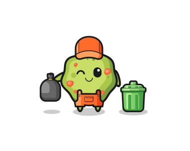the mascot of cute puke as garbage collector , cute design