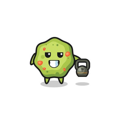 puke mascot lifting kettlebell in the gym , cute design