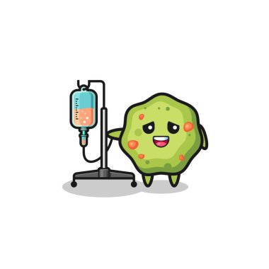 cute puke character standing with infusion pole , cute design