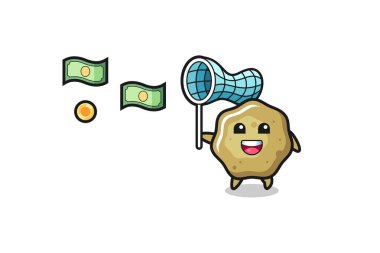 illustration of the loose stools catching flying money , cute design