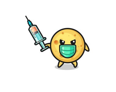 Virüsle savaşmak için yuvarlak peynirin çizimi, şirin tasarım.