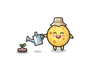 Şirin yuvarlak peynir bitki tohumlarını suluyor, şirin tasarım.