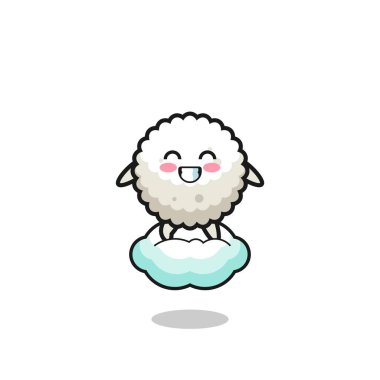 Yüzen bir bulutun üzerinde sevimli pirinç topu çizimi, şirin bir tasarım.