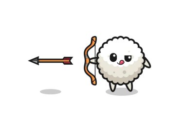 Okçuluk yapan pirinç topu karakteri çizimi, şirin tasarım