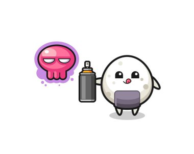 Onigiri karikatürü sprey boyayla graffiti yapıyor, şirin bir tasarım.