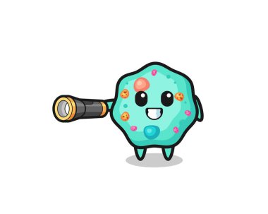 Amoeba maskotu elinde fener, şirin tasarım.