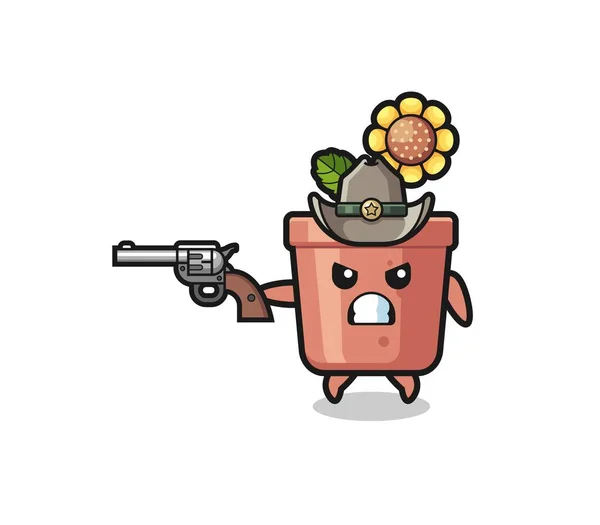 Sunflower Pot Cowboy Shooting Gun Cute Design — Stockvector