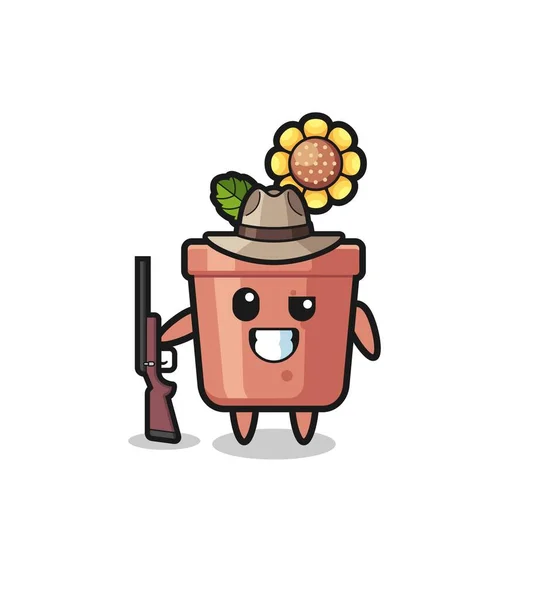 Sunflower Pot Hunter Mascot Holding Gun Cute Design — стоковый вектор