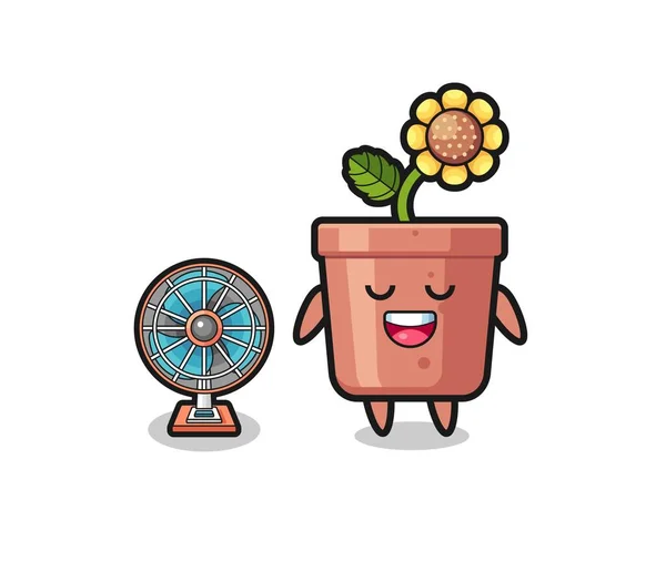 Cute Sunflower Pot Standing Front Fan Cute Design — Stockový vektor
