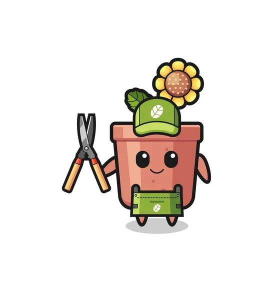 Cute Sunflower Pot Gardener Mascot Cute Design — Wektor stockowy