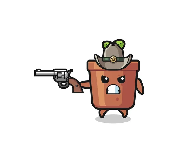 Plant Pot Cowboy Shooting Gun Cute Design — Wektor stockowy