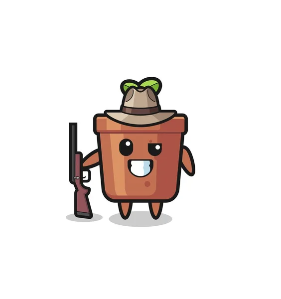 Plant Pot Hunter Mascot Holding Gun Cute Design — Stockvektor