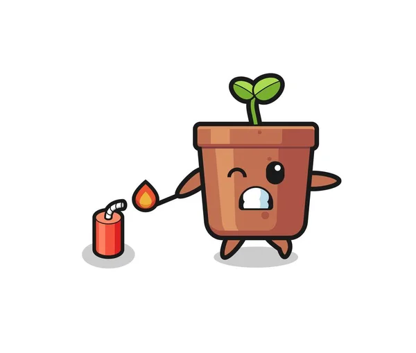 Plant Pot Mascot Illustration Playing Firecracker Cute Design — Wektor stockowy