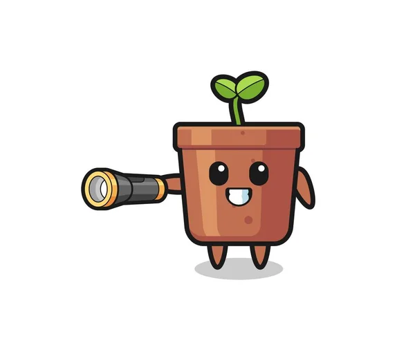 Plant Pot Mascot Holding Flashlight Cute Design — Image vectorielle