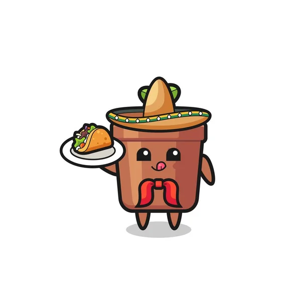 Plant Pot Mexican Chef Mascot Holding Taco Cute Design — Stock vektor