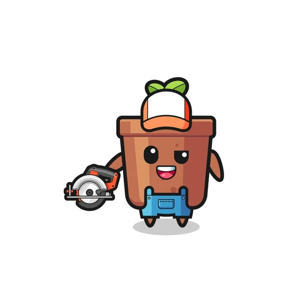 Woodworker Plant Pot Mascot Holding Circular Saw Cute Design — Stockvector