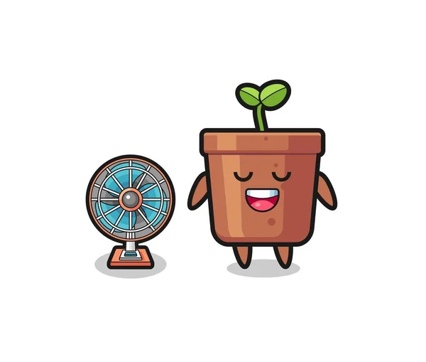 Cute Plant Pot Standing Front Fan Cute Design — Stockvektor