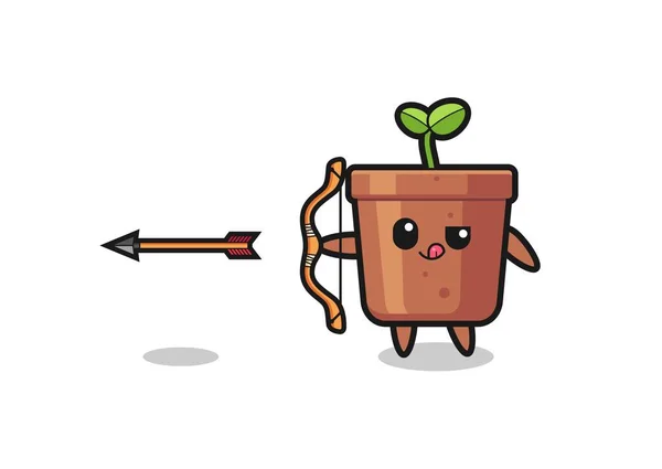 Illustration Plant Pot Character Doing Archery Cute Design — Wektor stockowy