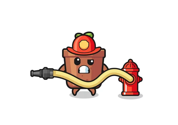 Plant Pot Cartoon Firefighter Mascot Water Hose Cute Design — стоковый вектор