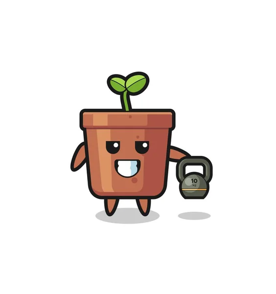 Plant Pot Mascot Lifting Kettlebell Gym Cute Design — Image vectorielle