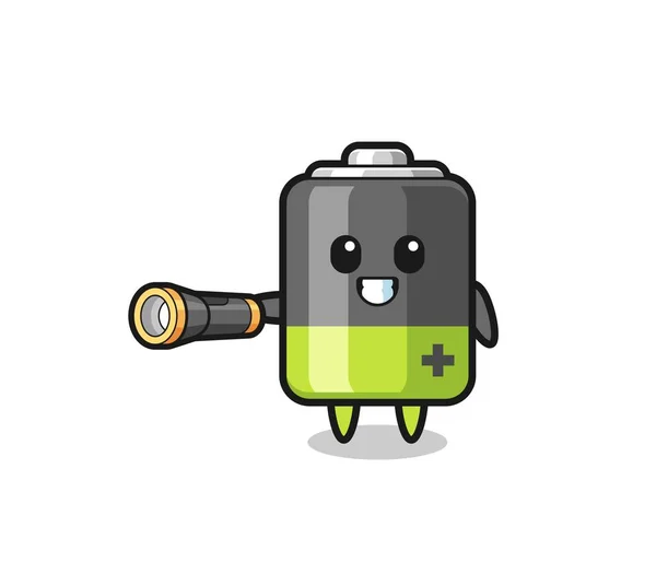 Battery Mascot Holding Flashlight Cute Design — Archivo Imágenes Vectoriales