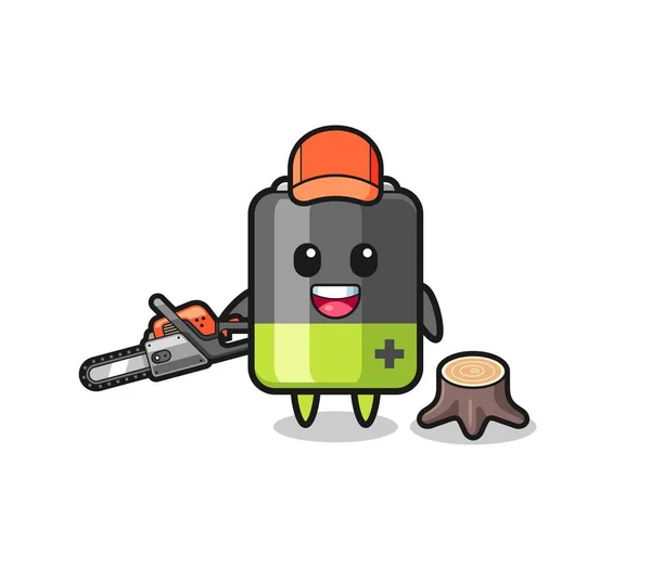 Battery Lumberjack Character Holding Chainsaw Cute Design — Stock vektor