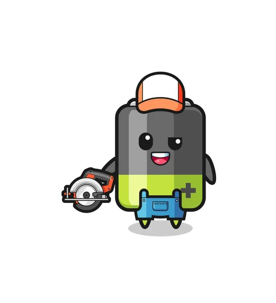 Mascotte Batterie Menuisier Tenant Une Scie Circulaire Design Mignon — Image vectorielle