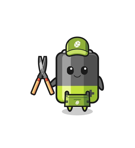 Cute Battery Gardener Mascot Cute Design — Stock Vector