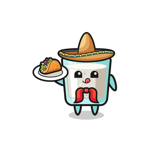 Milk Mexican Chef Mascot Holding Taco Cute Design — Stock vektor