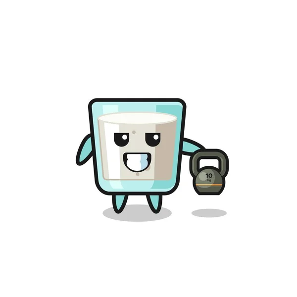 Milk Mascot Lifting Kettlebell Gym Cute Design — Stock vektor