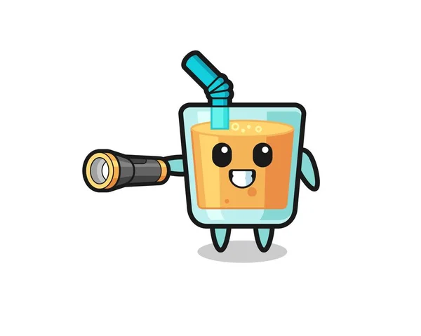 Orange Juice Mascot Holding Flashlight Cute Design — Stockvektor