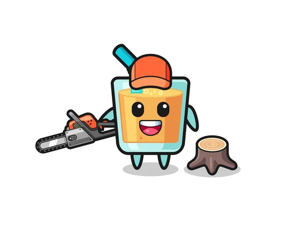 Orange Juice Lumberjack Character Holding Chainsaw Cute Design — Stockový vektor