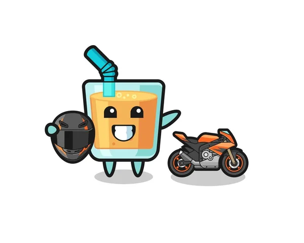 Cute Orange Juice Cartoon Motorcycle Racer Cute Design — Stockvektor