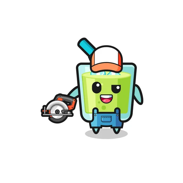 Woodworker Melon Juice Mascot Holding Circular Saw Cute Design — Stok Vektör