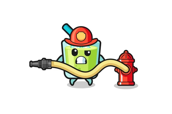 Melon Juice Cartoon Firefighter Mascot Water Hose Cute Design — Stock Vector