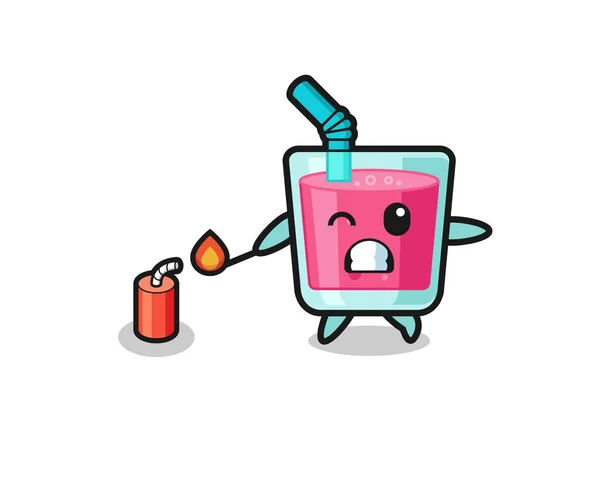 Strawberry Juice Mascot Illustration Playing Firecracker Cute Design — Stock vektor