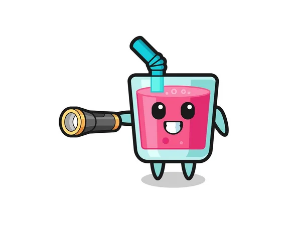 Strawberry Juice Mascot Holding Flashlight Cute Design — Stockvektor