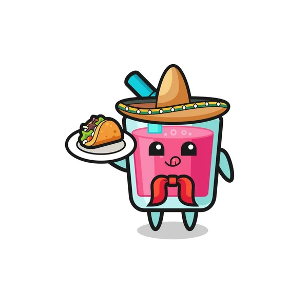Strawberry Juice Mexican Chef Mascot Holding Taco Cute Design — Stock vektor