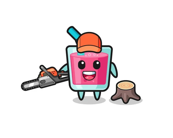 Strawberry Juice Lumberjack Character Holding Chainsaw Cute Design — Stock vektor