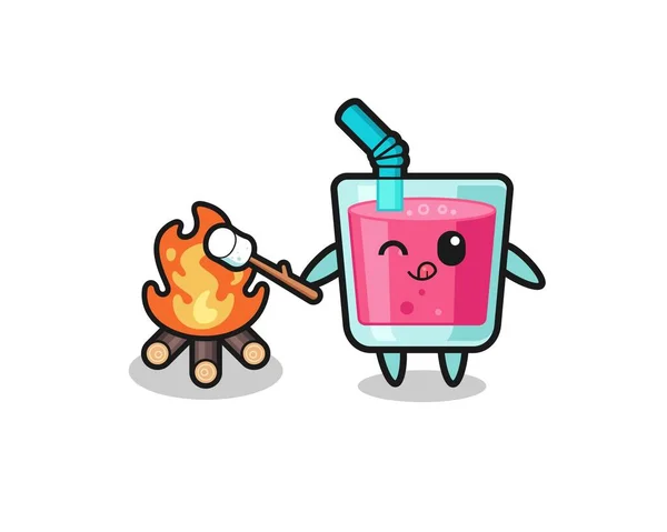 Strawberry Juice Character Burning Marshmallow Cute Design — стоковый вектор