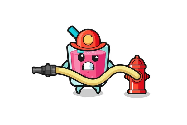 Strawberry Juice Cartoon Firefighter Mascot Water Hose Cute Design —  Vetores de Stock